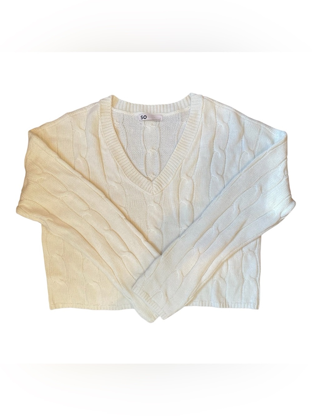 SO Cable Knit Cropped Boxy Sweater Women's Lg Cream V-Neck Winter Holiday Fall